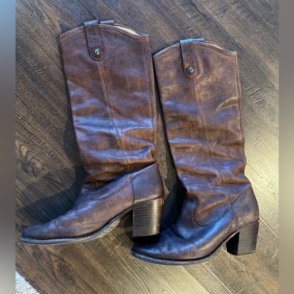 Frye Jackie Button Brown Heeled Boots for Women